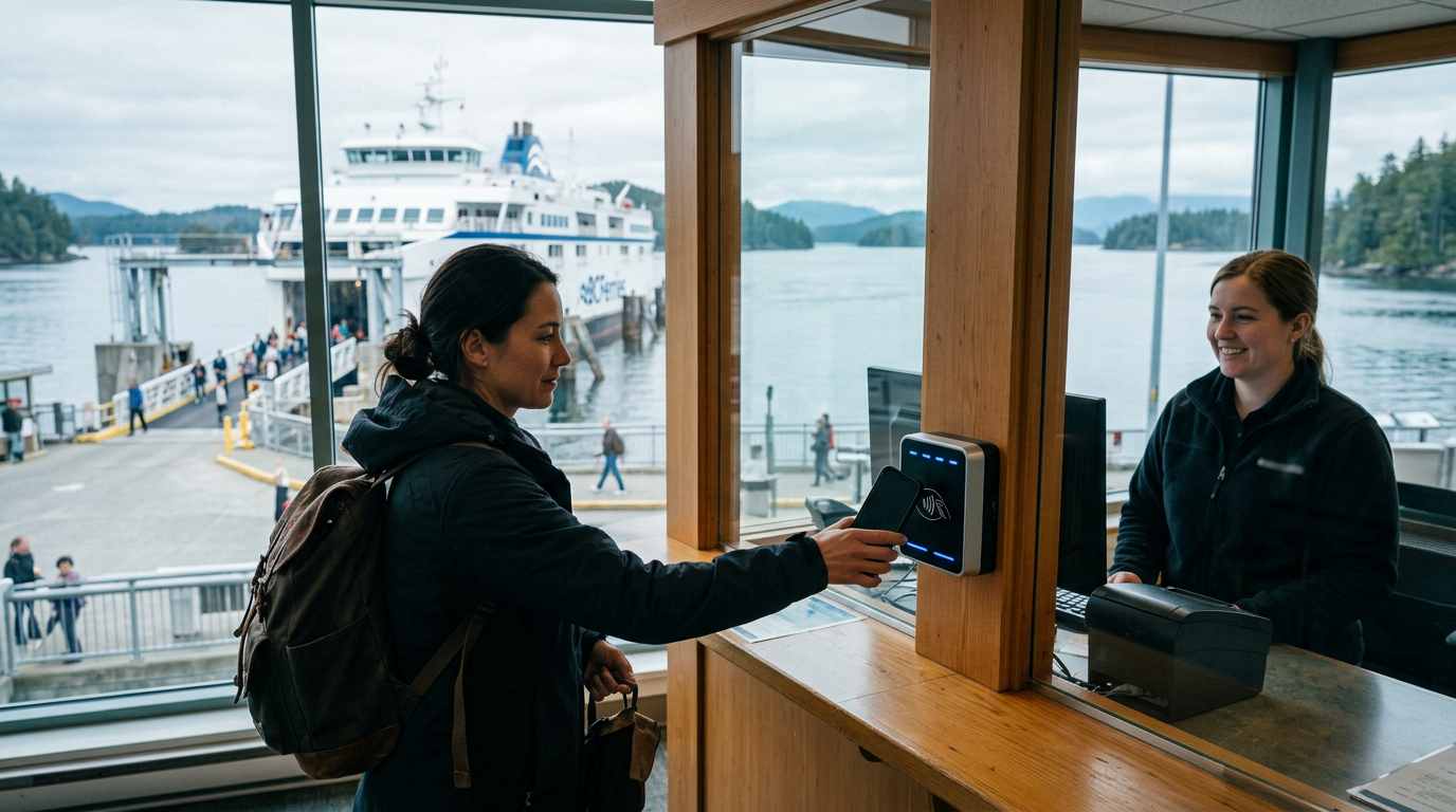 A traveller tapping a phone on a contactless payment terminal at a ferry terminal