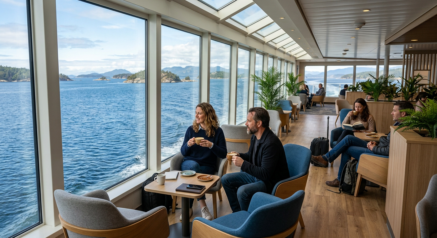 Bright ferry passenger lounge with ocean views